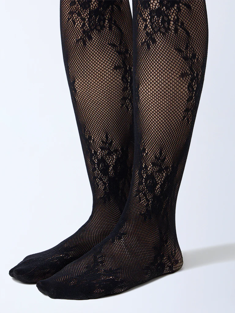 Superstar Black Floral Lace Detailed Fishnet Stockings - Image 2