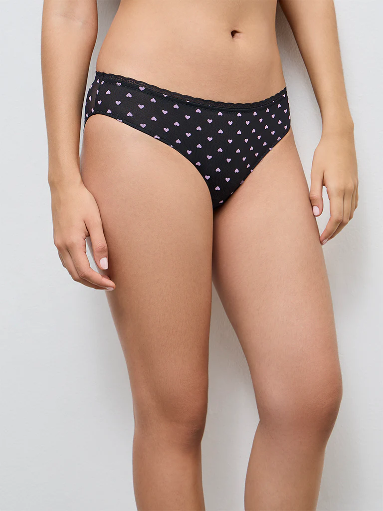 Superstar Black Heart Printed Brazilian Mesh Briefs - Image 2