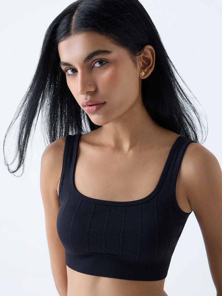 Superstar Black Knit-Textured Seam-Free Padded Bra - Image 2