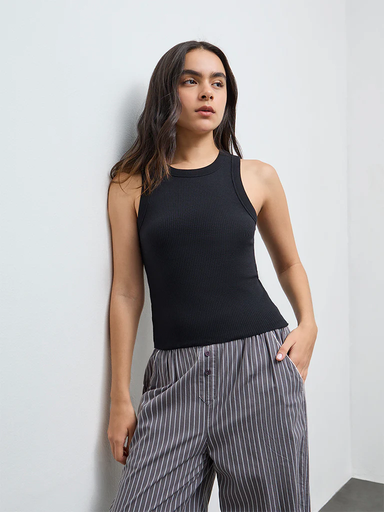Superstar Black Ribbed Cotton-Blend Tank Top