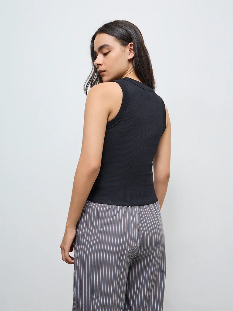 Superstar Black Ribbed Cotton-Blend Tank Top - Image 4