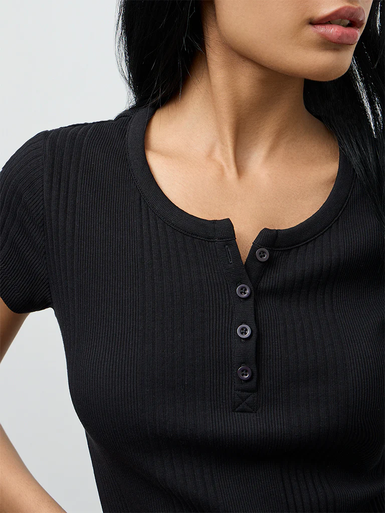 Superstar Black Ribbed Cotton-Blend Top - Image 3