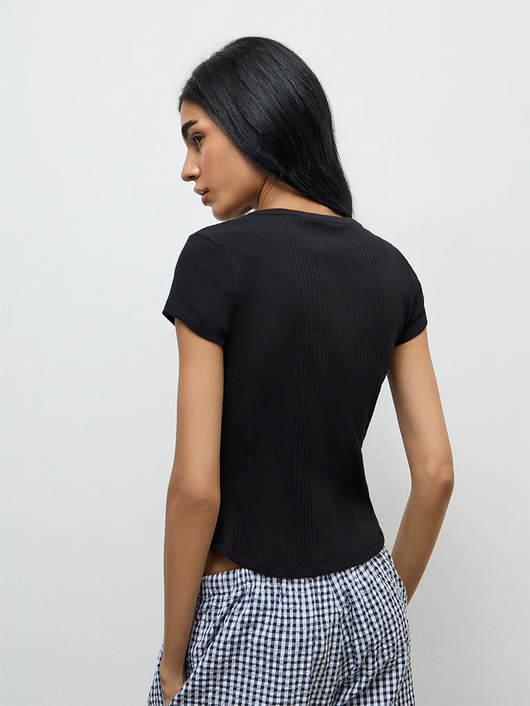 Superstar Black Ribbed Cotton-Blend Top - Image 4