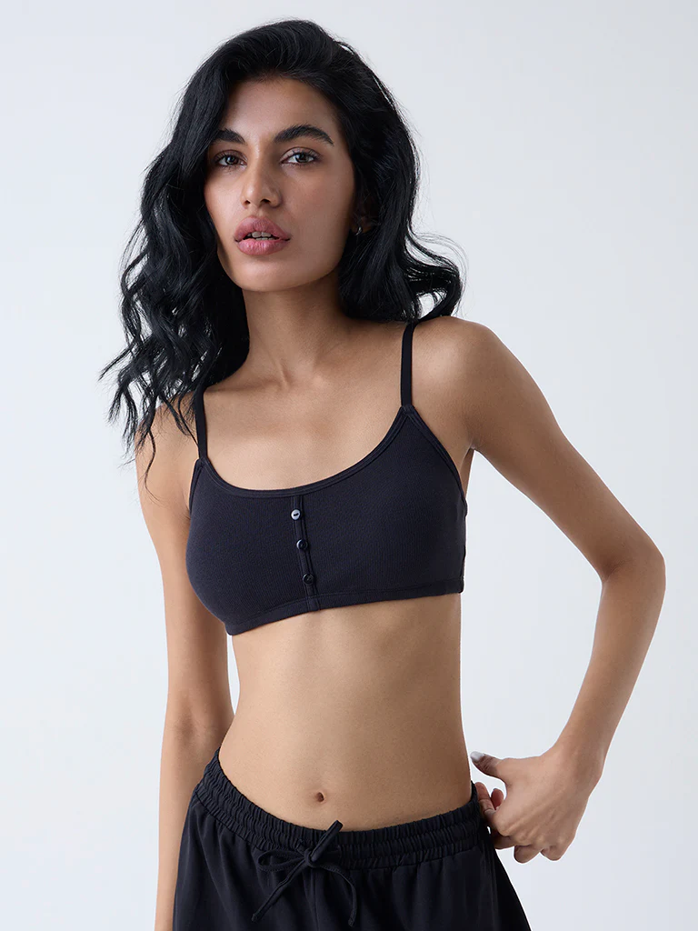 Superstar Black Ribbed Padded Cotton Bralette - Image 2