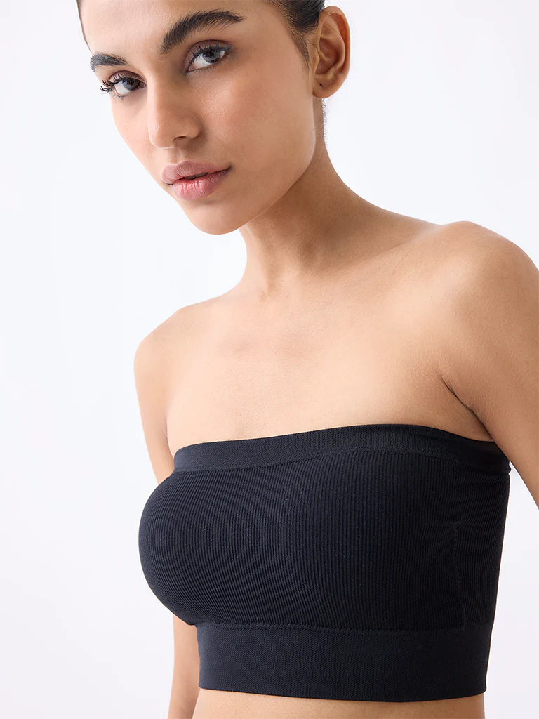 Superstar Black Ribbed Seam-Free Padded Bandeau Bra - Image 3