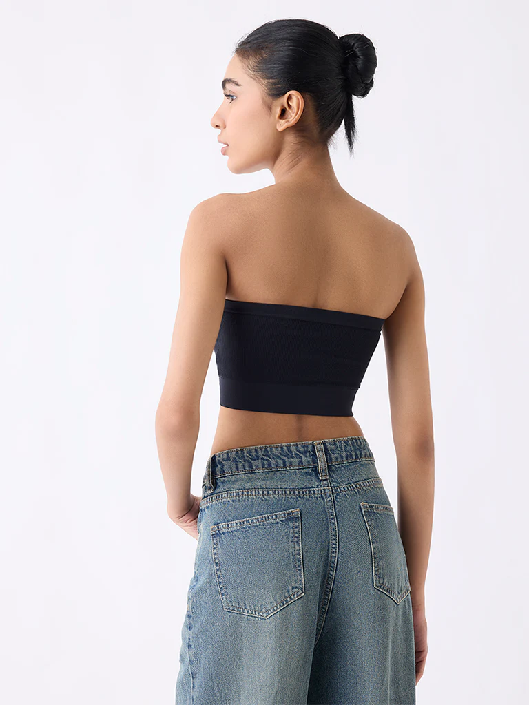 Superstar Black Ribbed Seam-Free Padded Bandeau Bra - Image 4