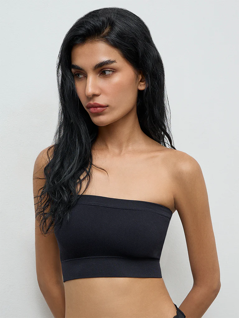 Superstar Black Ribbed Seamfree Padded Bandeau Bra