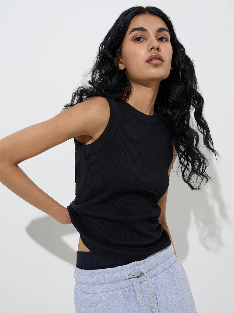 Superstar Black Ribbed-Textured Cotton-Blend Tank Top