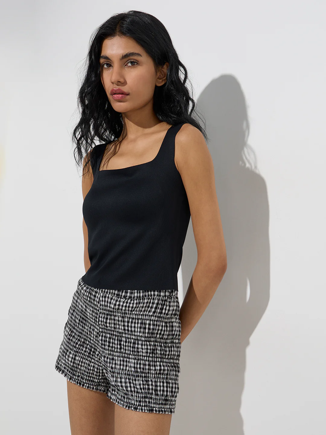 Superstar Black Ribbed-Textured Padded Tank Top