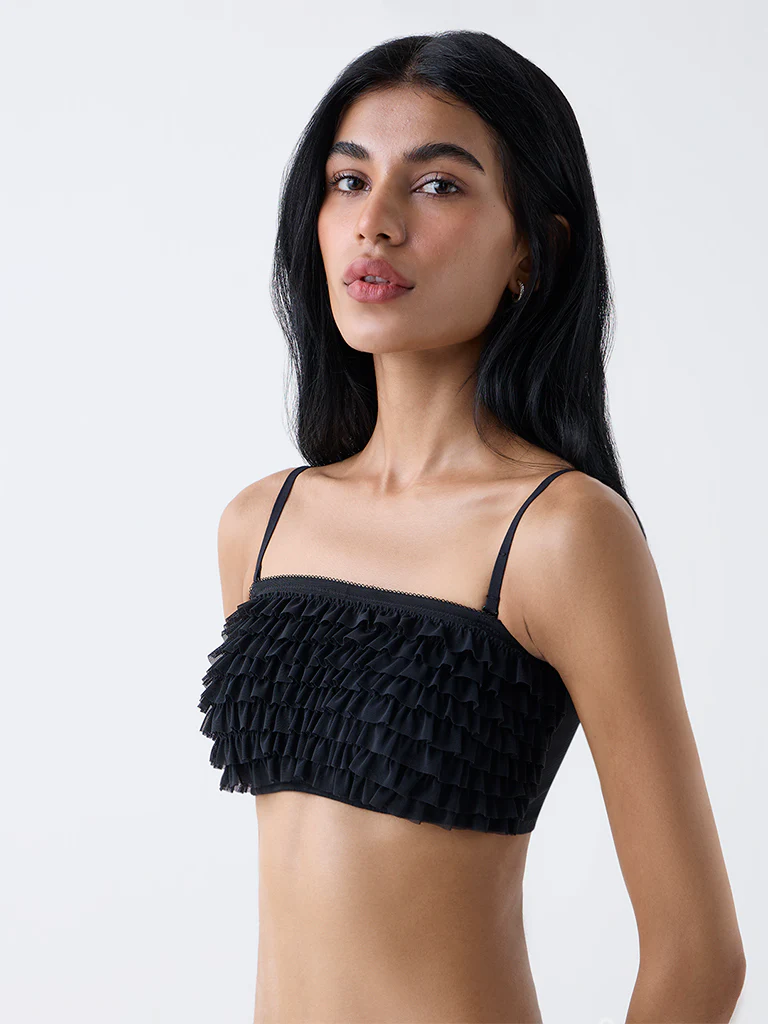Superstar Black Ruffle-Detailed Padded Bandeau Bra - Image 2