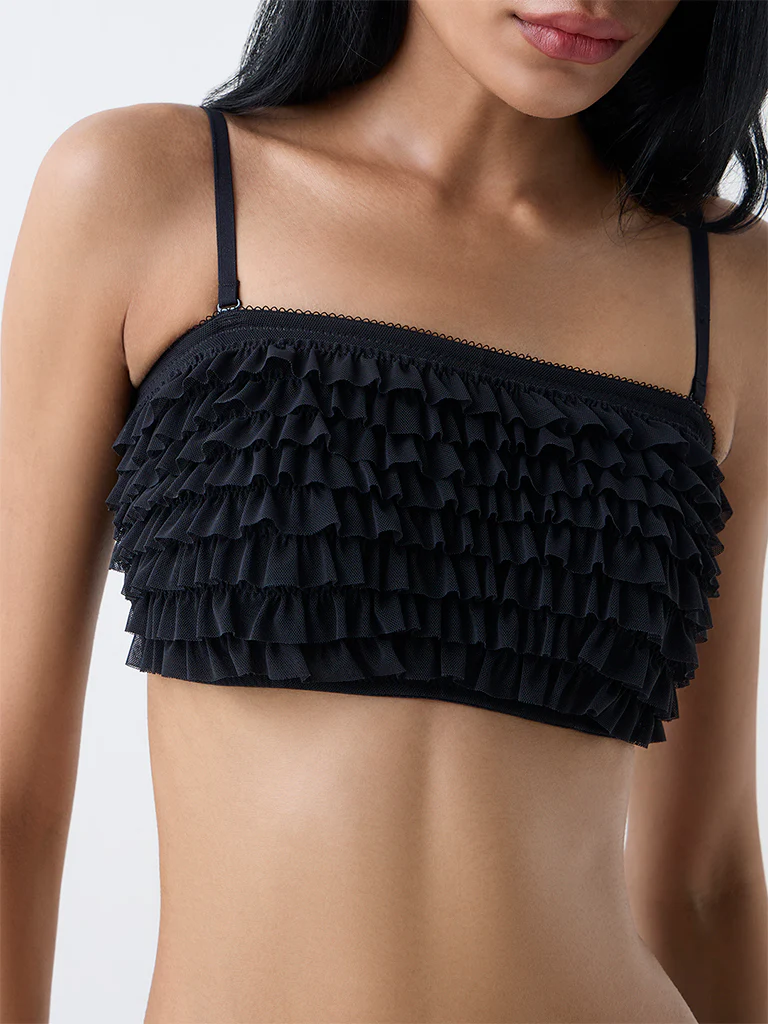 Superstar Black Ruffle-Detailed Padded Bandeau Bra - Image 3