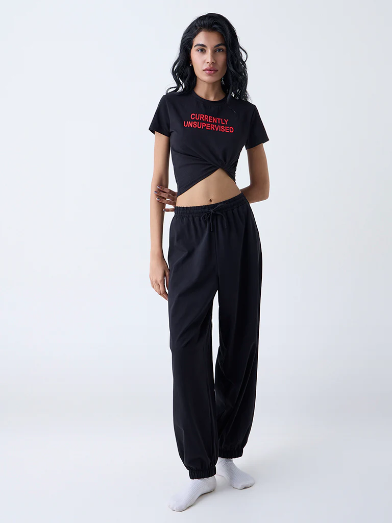 Superstar Black Solid High-Rise Cotton-Blend Joggers