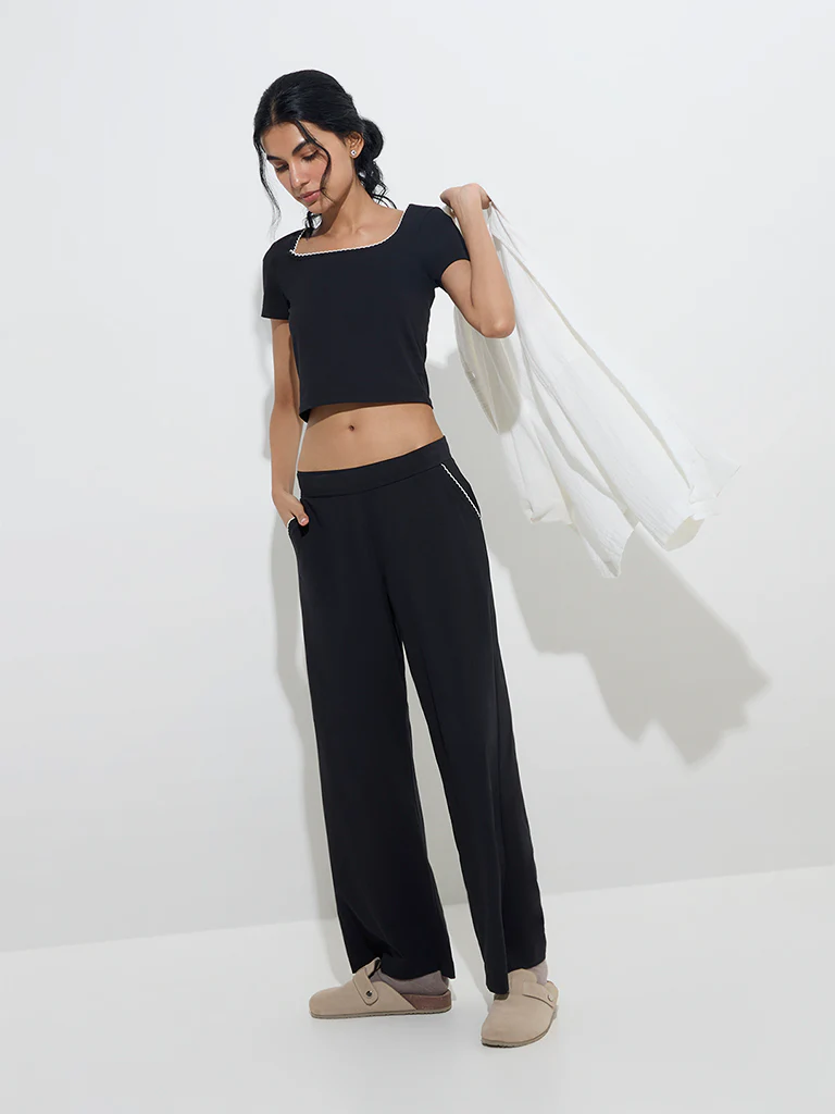 Superstar Black Solid High-Rise Cotton-Blend Lounge Pants
