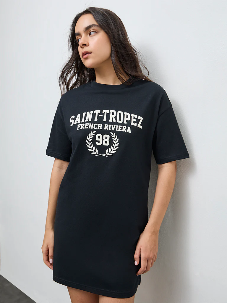 Superstar Black Text Cotton T-Shirt Dress - Image 2