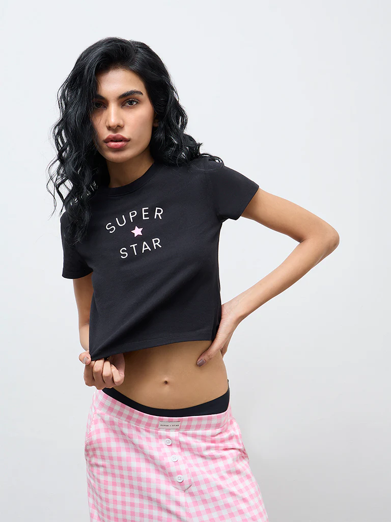 Superstar Black Typographic Cotton-Blend T-Shirt