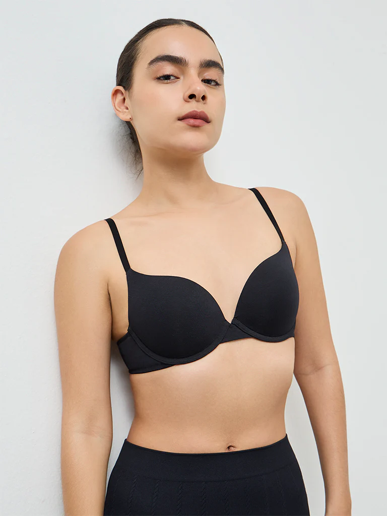 Superstar Black Under-wired Cotton Push-Up Bra - Image 2