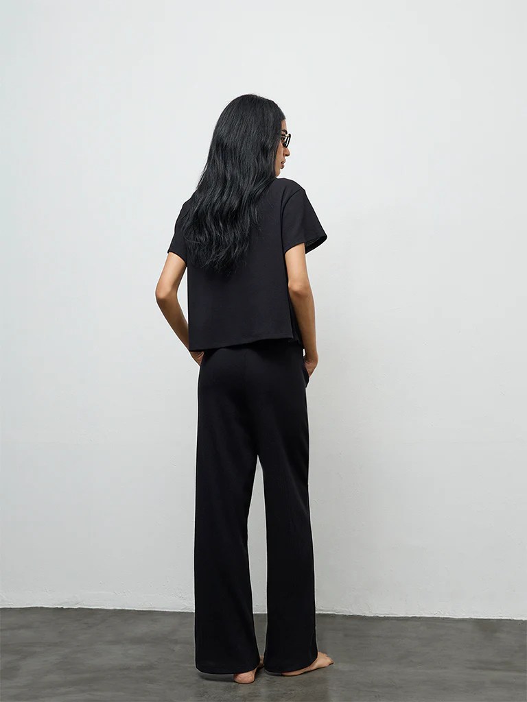 Superstar Black Waffle-Textured High-Rise Pants - Image 4