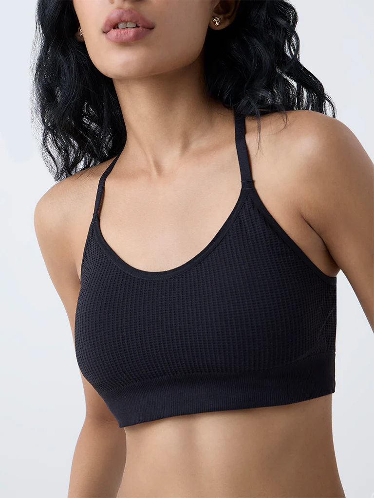 Superstar Black Waffle-Textured Padded Bra - Image 3