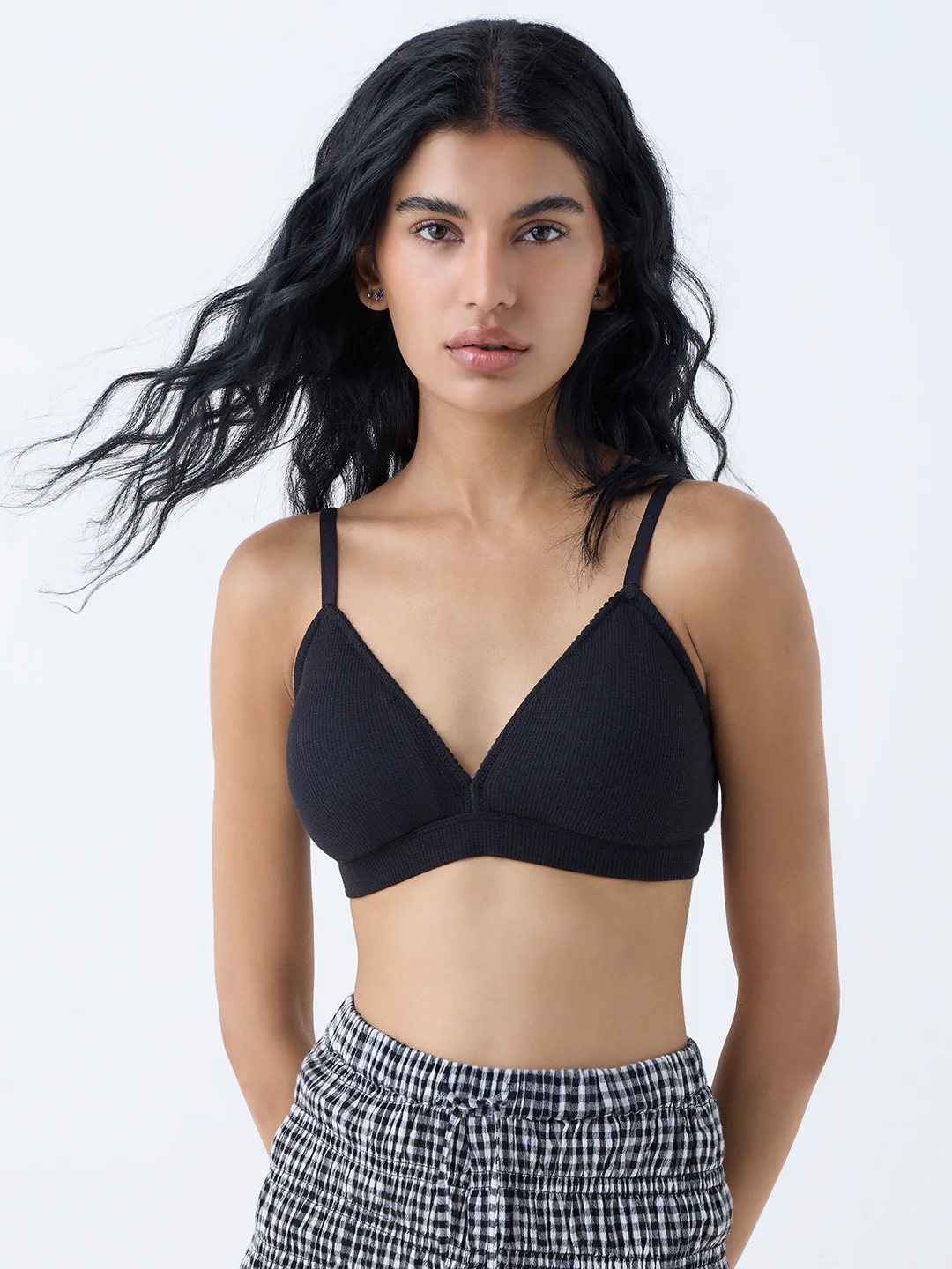 Superstar Black Waffle-Textured Padded Cotton-Blend Bra - Image 2