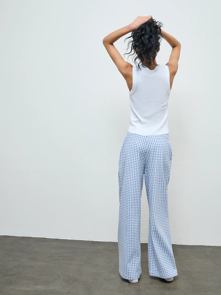 Superstar Blue Checkered High-Rise Cotton-Blend Pants - Image 4