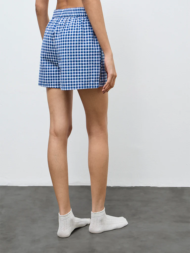 Superstar Blue Checkered High-Rise Cotton Shorts - Image 4