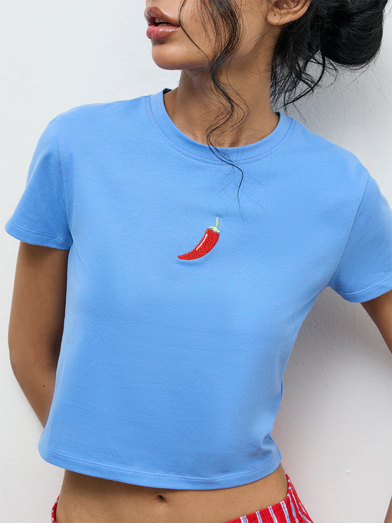 Superstar Blue Embroidered Cotton-Blend T-Shirt - Image 3