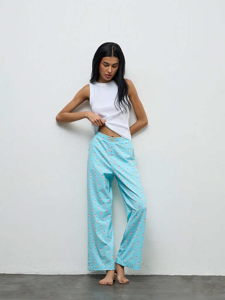 Superstar Blue Printed High-Rise Cotton-Blend Pants