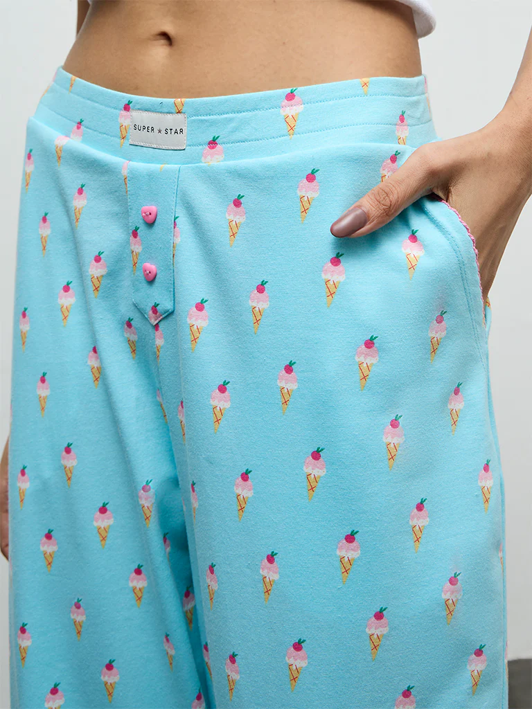 Superstar Blue Printed High-Rise Cotton-Blend Pants - Image 3