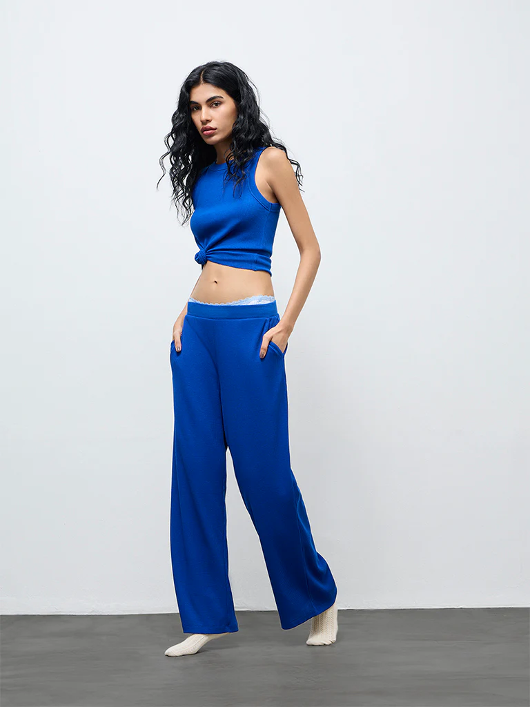 Superstar Blue Ribbed Textured Cotton-Blend Tank Top