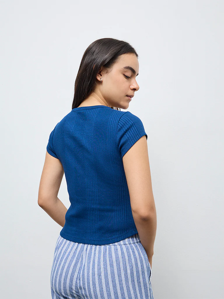Superstar Blue Self-Striped Cotton-Blend Top - Image 4