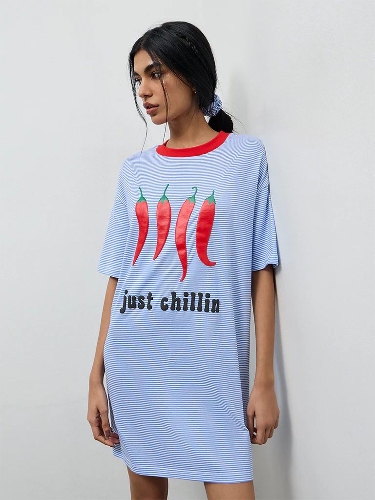 Superstar Blue Stripe-Printed Cotton T-Shirt Dress - Image 2