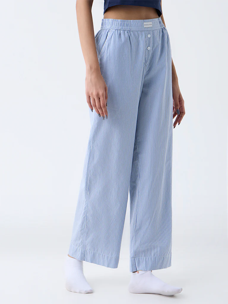 Superstar Blue Striped High-Rise Cotton Pants - Image 2