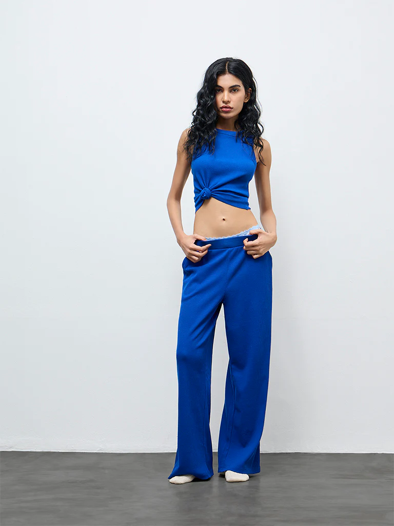 Superstar Blue Waffle-Textured High-Rise Pants