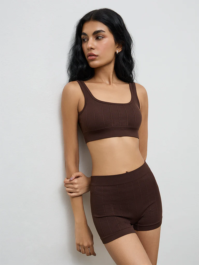 Superstar Brown Cable-Knitted Padded Seam-Free Bra - Image 2