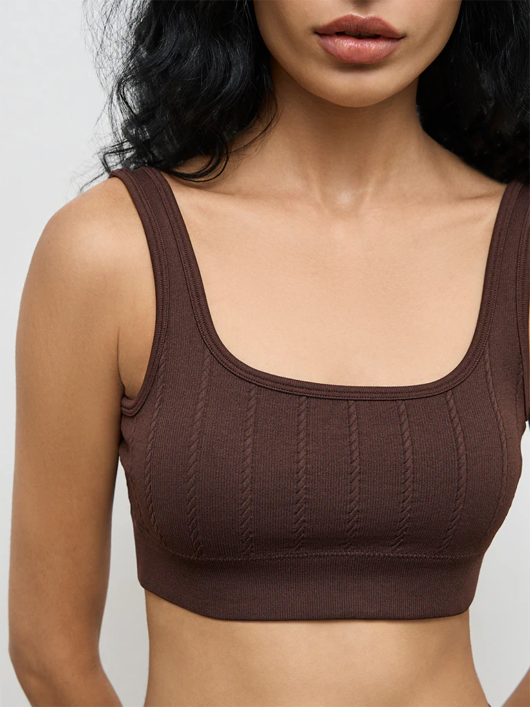 Superstar Brown Cable-Knitted Padded Seam-Free Bra - Image 3