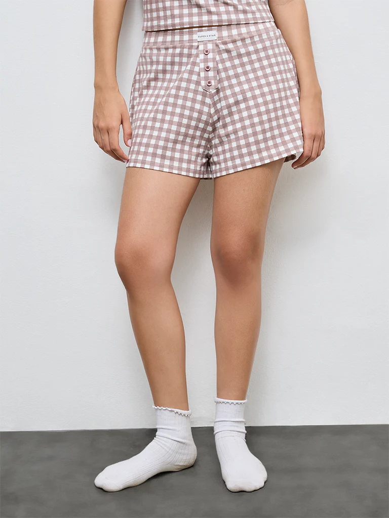 Superstar Brown Checkered High-Rise Cotton-Blend Shorts - Image 2