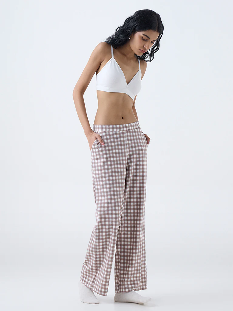 Superstar Brown Checks High-Rise Cotton-Blend Pants