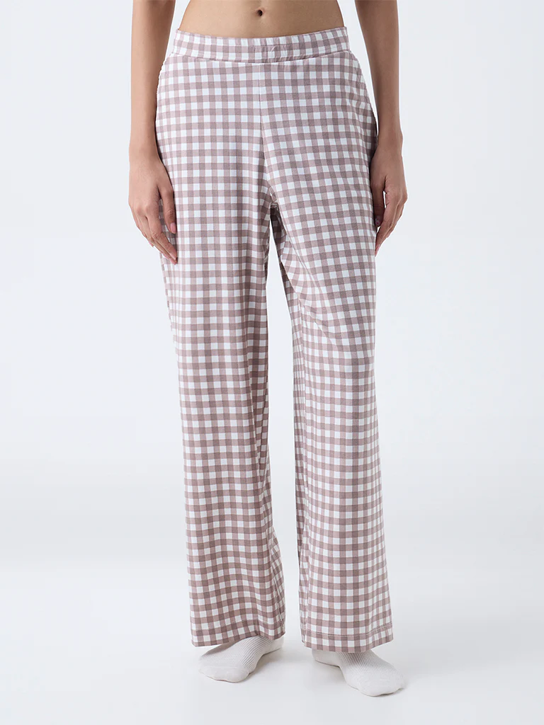 Superstar Brown Checks High-Rise Cotton-Blend Pants - Image 2