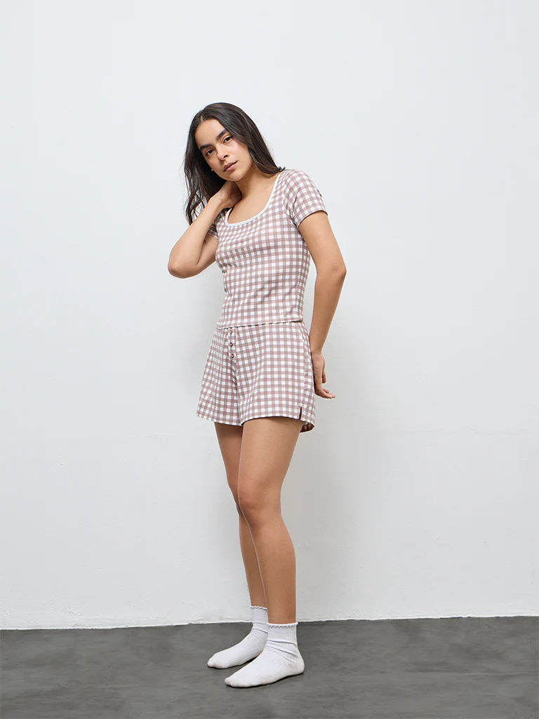 Superstar Brown Checks Printed Cotton-Blend Top