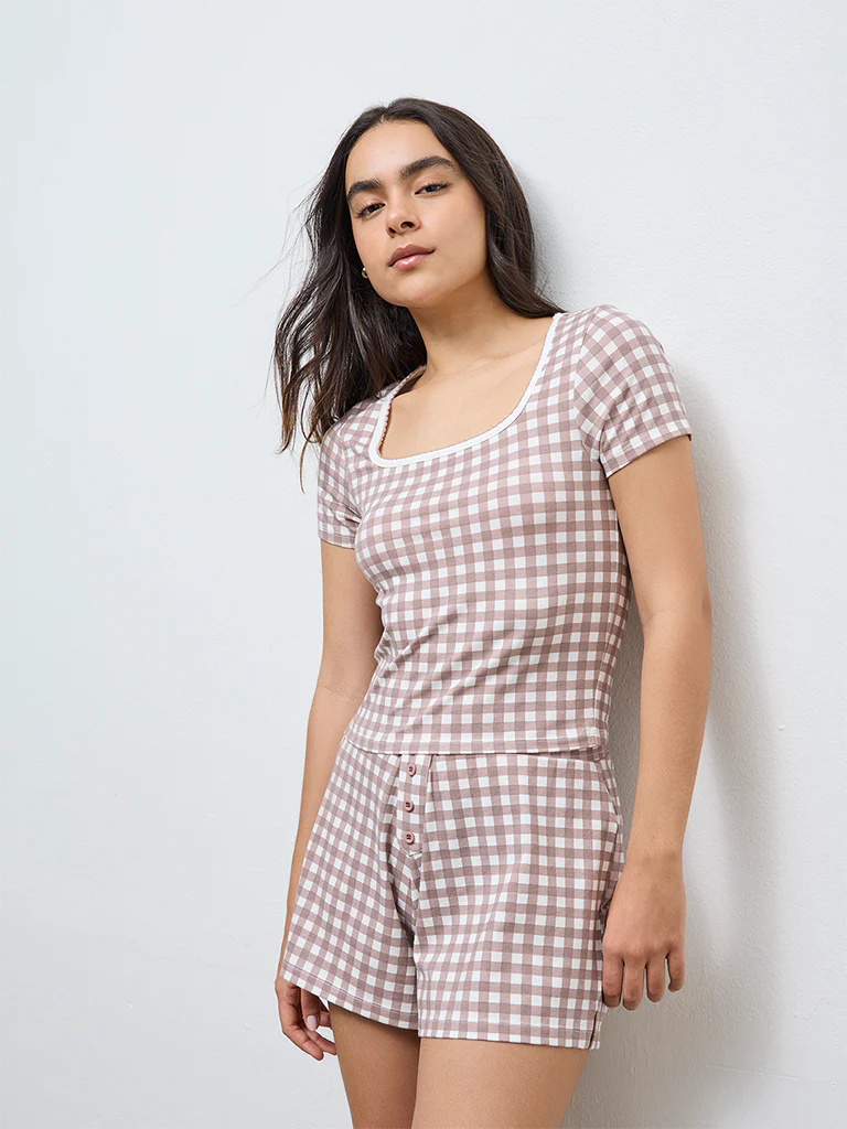Superstar Brown Checks Printed Cotton-Blend Top - Image 2