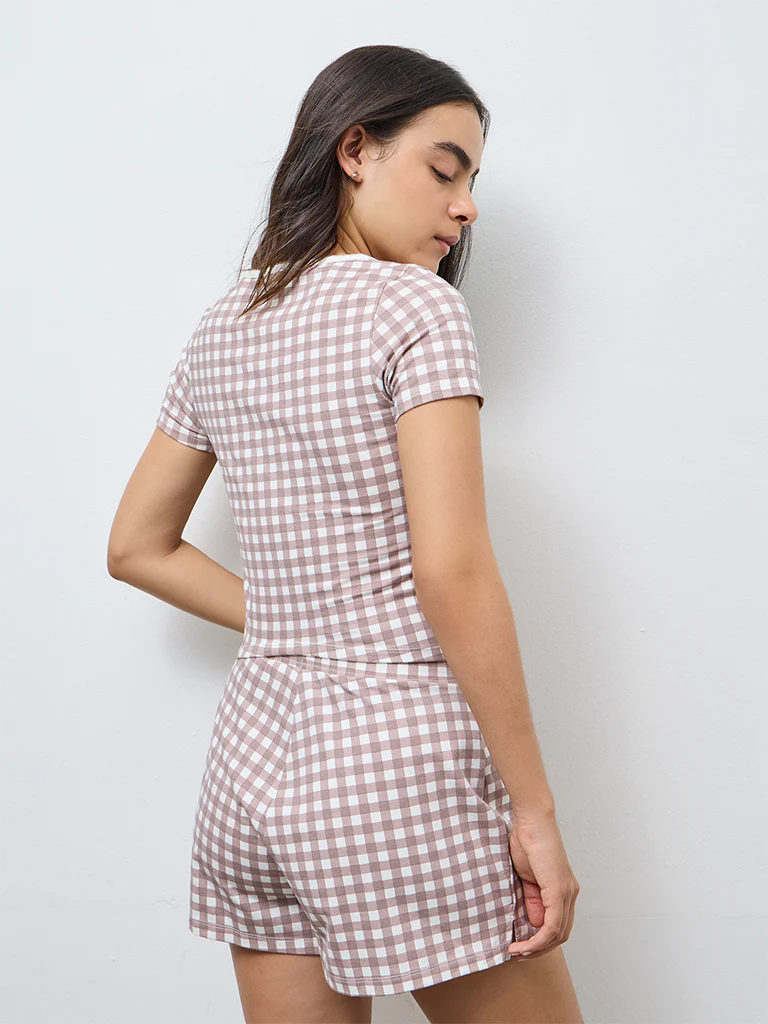 Superstar Brown Checks Printed Cotton-Blend Top - Image 4