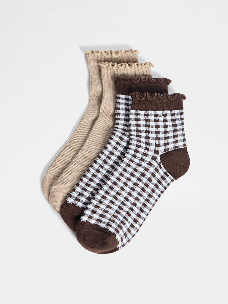 Superstar Brown Gingham Check Cotton-Blend Socks - Pack of 2