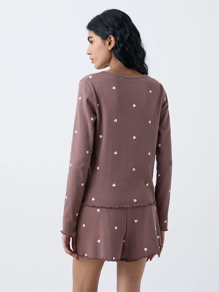Superstar Brown Heart-Printed Cotton-Blend Top - Image 4