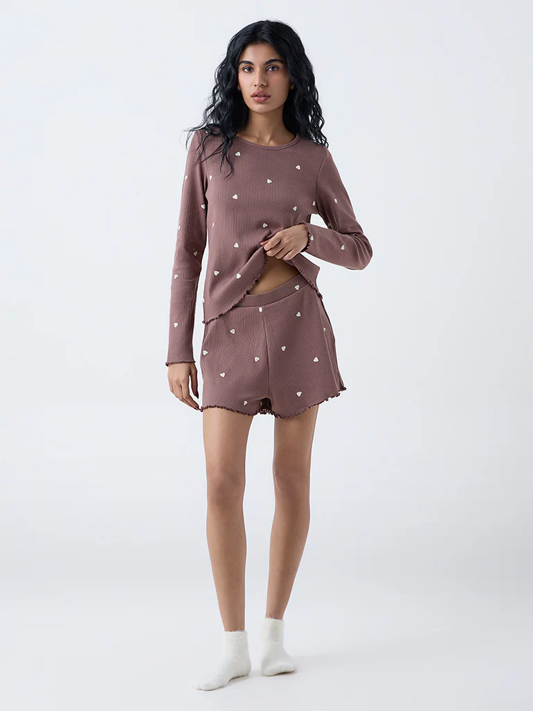 Superstar Brown Heart-Printed High-Rise Cotton-Blend Shorts