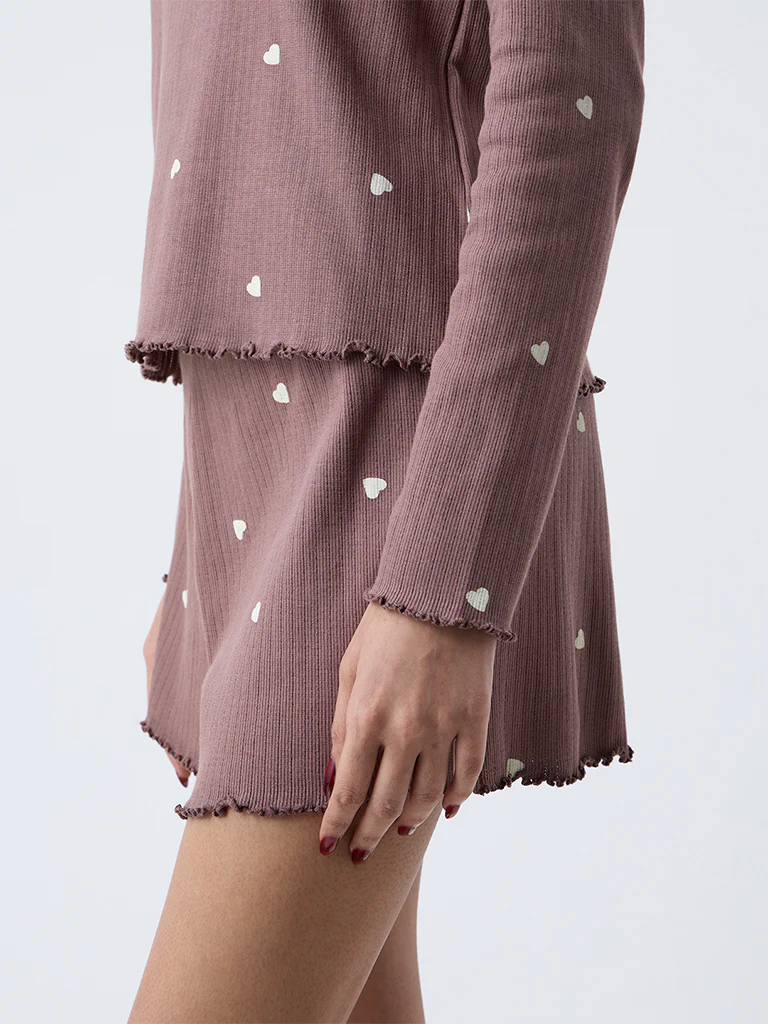 Superstar Brown Heart-Printed High-Rise Cotton-Blend Shorts - Image 3