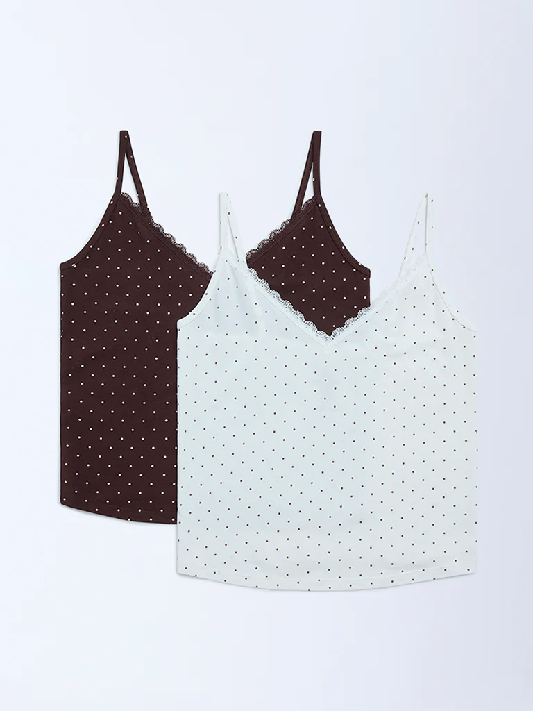 Superstar Brown Polka-Dot Cotton-Blend Camisoles - Pack of 2 - Image 2