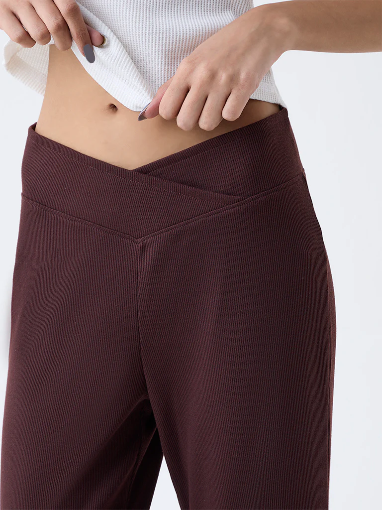 Superstar Brown Ribbed Cross-Waist High-Rise Pants - Image 3