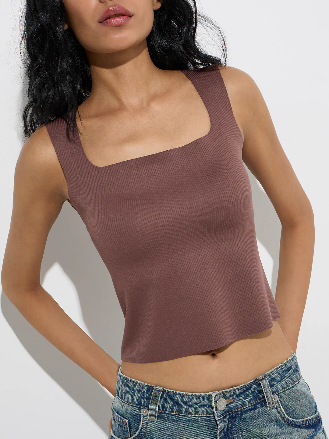 Superstar Brown Ribbed-Textured Padded Tank Top - Image 3