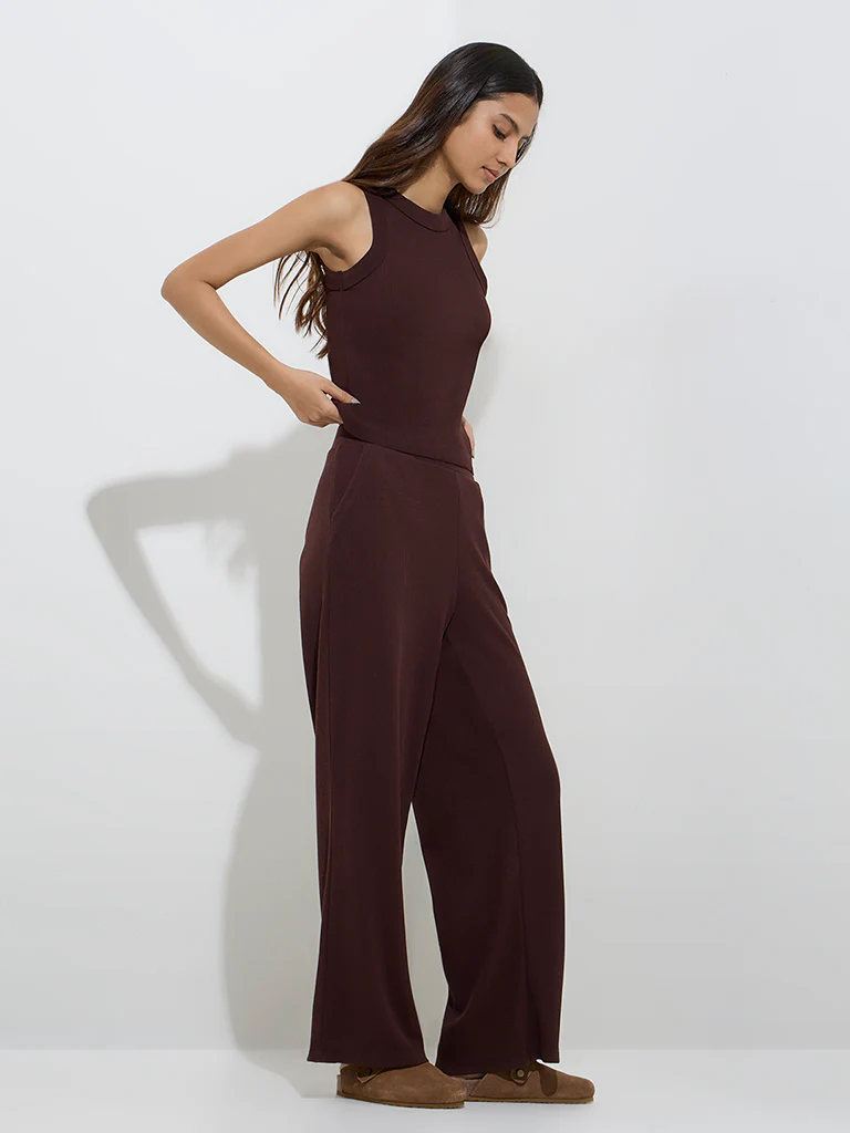 Superstar Brown Waffle-Textured High-Rise Pants