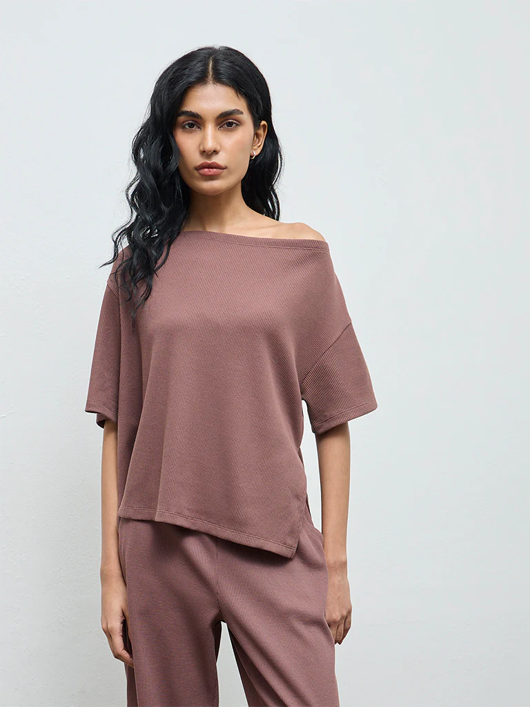 Superstar Brown Waffle-Textured Off-Shoulder Top